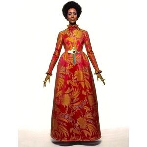 Mollie Parnis Vintage 60s Gown Red Gold Brocade Maxi Dress Small Ruffle Neck